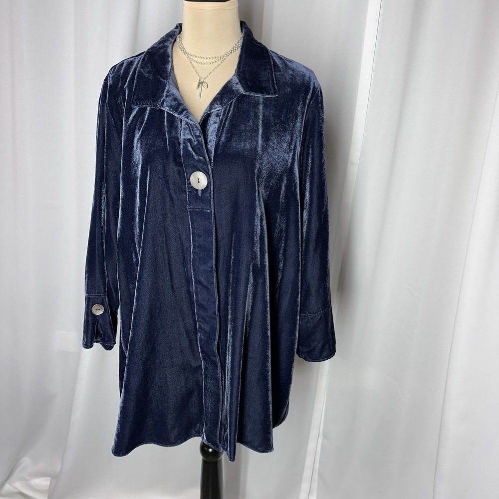 Habitat Women Blouse Swing Shirt M Blue Velvet Button Front Lagenlook‎ Oversized